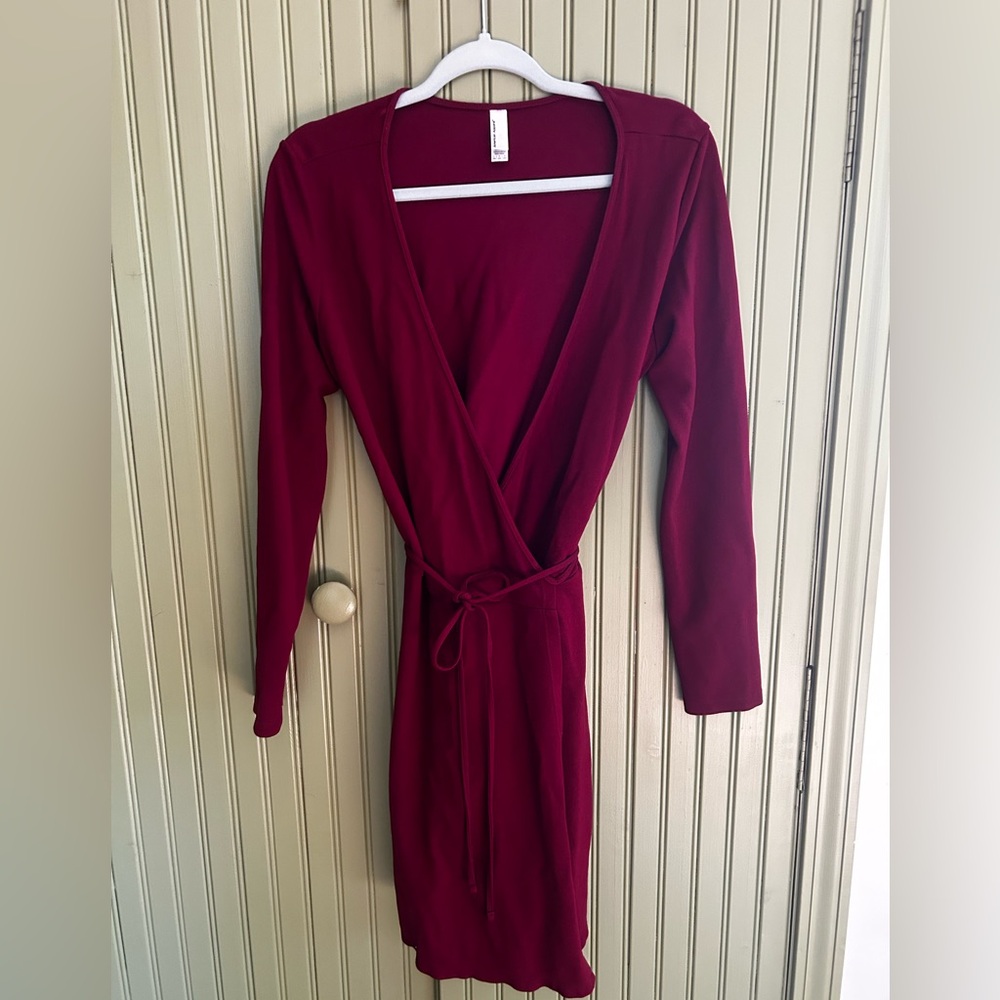 Burgundy Long Sleeve Ponte Wrap Dress - American Apparel